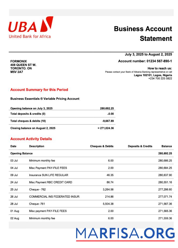 Realistic Nigeria UBA business checking account statement Word and PDF template